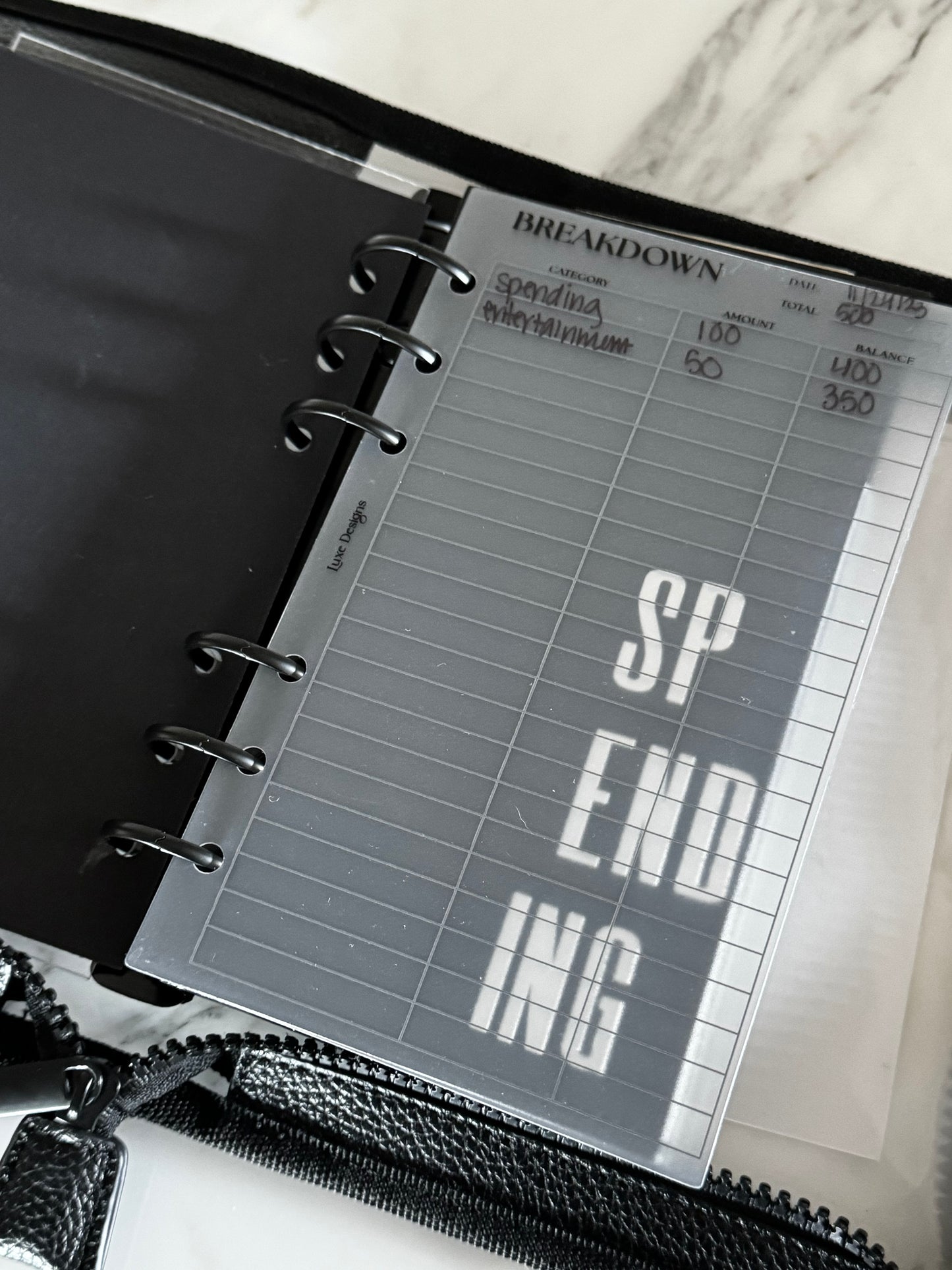 Budget breakdown A6 frosted dashboard