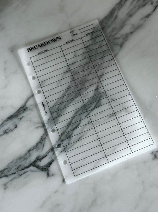 Budget breakdown A6 frosted dashboard