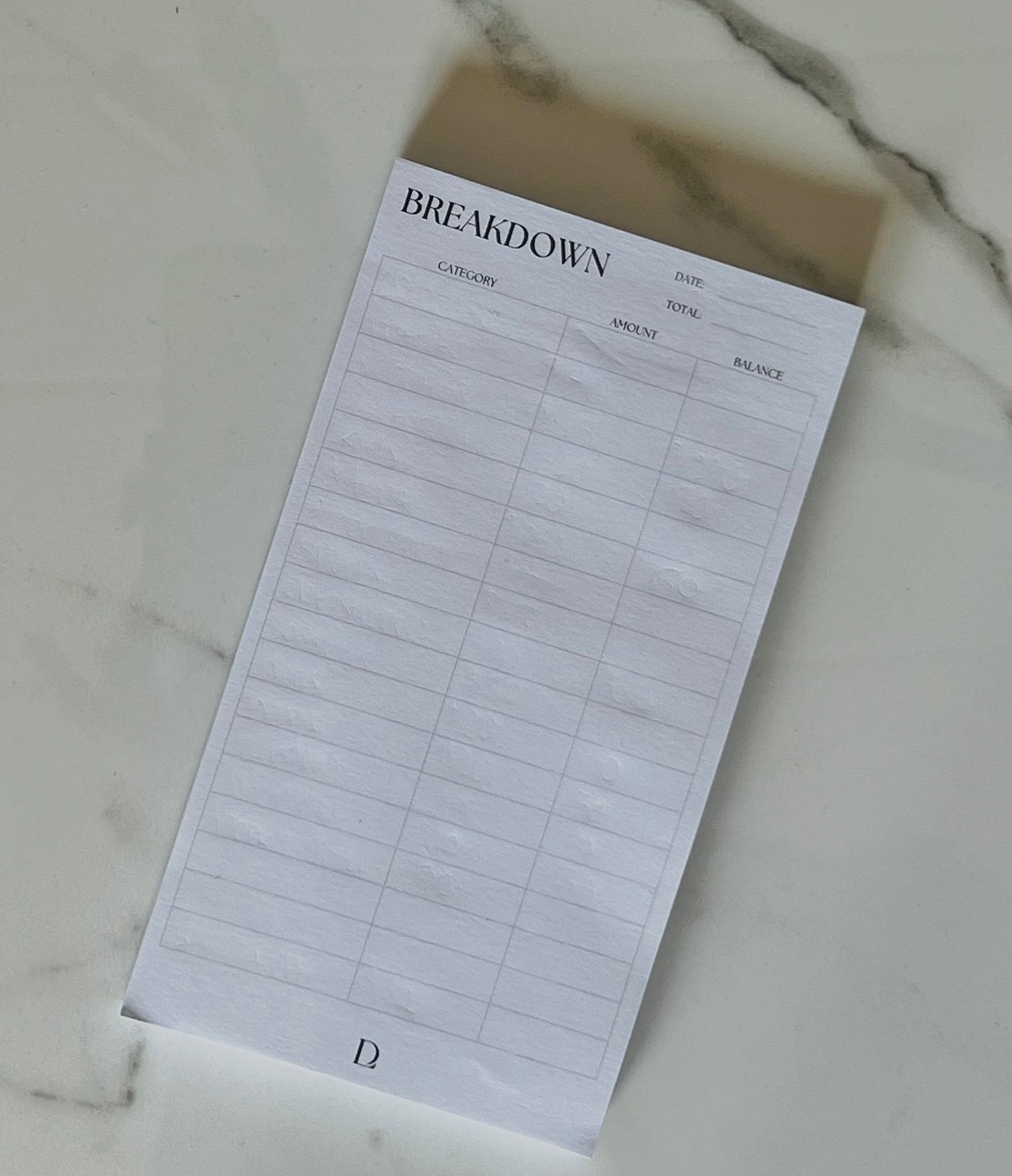Budget breakdown sticky notebook