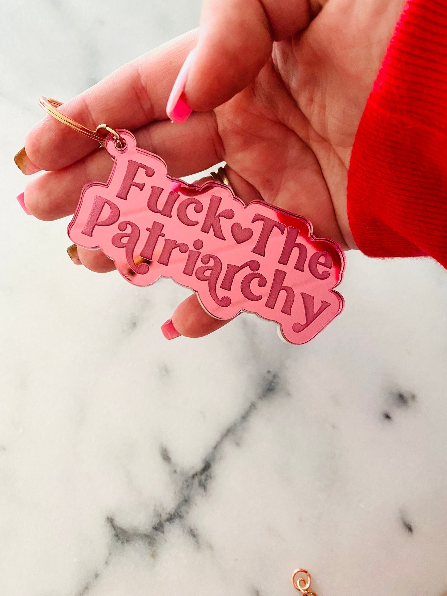 Engraved Fuck the patriarchy motel keychain
